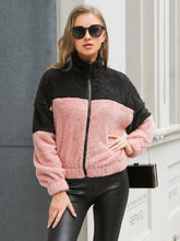 Zipper Up Contrast Color Teddy Fleece Jacket Sai Feel