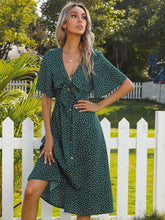 bow Tie Front small dot Print V neck buttons open front French tea break Dress Sai Feel