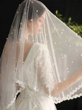 one-tier mid length Faux Pearl mesh church wedding veil with lace hem Sai Feel