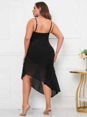 Plus Draped Collar Ruffle Trim Asymmetrical Hem Dress