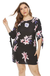 plus large floral print bow side crop sleeve crew neck short chiffon dress Sai Feel