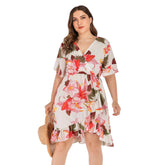 plus size V neck Floral print short Sleeve Belted Wrap ruffle hem knee length French Dress Sai Feel