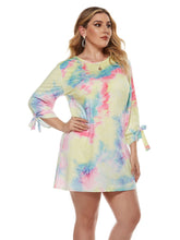 plus size tie dye print bow side crop sleeve crew neck short length casual dress Sai Feel