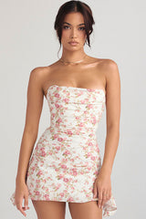 Robe mini bustier plissée en satin soyeux avec bordure en corset - Floral