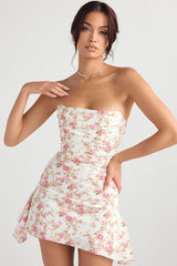 Robe mini bustier plissée en satin soyeux avec bordure en corset - Floral