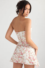 Robe mini bustier plissée en satin soyeux avec bordure en corset - Floral