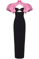 Robe longue de soirée en satin bicolore à ornements scintillants et découpes - Noir