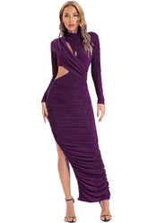 Robe longue de soirée fendue à manches longues et fronces scintillantes - Violet