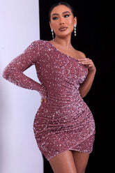 Robe courte portefeuille à manches bouffantes et paillettes en velours à une épaule - Rose