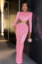 Robe longue à paillettes et manches bouffantes avec strass scintillants - Rose