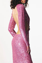 Robe longue à paillettes et manches bouffantes avec strass scintillants - Rose