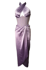 Robe longue de soirée fendue à col licou et bordure en strass scintillants - Violet