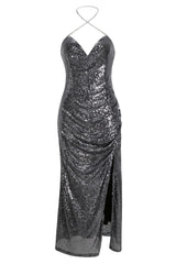 Glitzerndes Pailletten Neckholder Wasserfallausschnitt Hoher Schlitz Abend Maxikleid - Silber