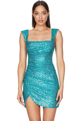Robe courte moulante à sequins scintillante et froncée sur le côté, sans manches - Turquoise