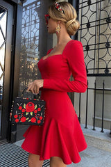 Sweetheart Long Sleeve Winter Ruffle Bandage Knit Mini Dress - Red