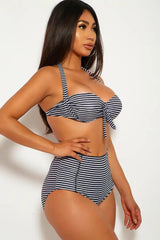 Maillot de bain taille haute à rayures noires et blanches