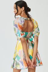 Swingy Rainbow Tie Dye Puff Sleeve Smocked Mini Sundress - Multicolor