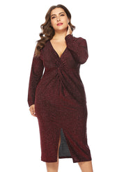 v neck long sleeve plus size Metallic shining front gathering dress Sai Feel