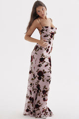 Vintage Cowl Neck Printed Mesh Cami Backless Fishtail Slip Maxi Dress - Floral
