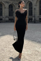 Vintage Sweetheart Strapless Bandage Knit Feather Trim Maxi Dress - Black