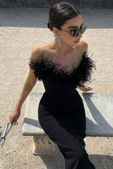 Vintage Sweetheart Strapless Bandage Knit Feather Trim Maxi Dress - Black