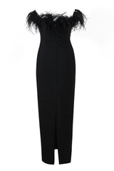 Vintage Sweetheart Strapless Bandage Knit Feather Trim Maxi Dress - Black
