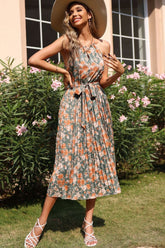 Vintage Tie Back A-line Pleated Floral Printed Midi Dress - Floral