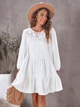 white Lace Yoke Mini Dress with 3/4 Bubble Sleeves Sai Feel