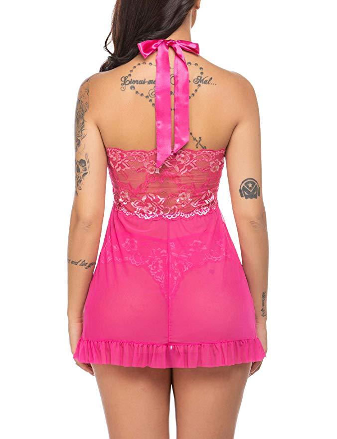 Robe mini sexy en dentelle pour femme, vêtements de nuit en perspective, pyjama, ensemble de lingerie à col licou, nuisette avec string