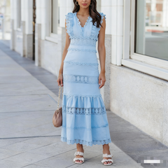 Sacha Cotton Linen Crochet Tiered Midi Dress