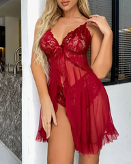 Bowknot Decor Sheer Mesh Lace Babydoll With Thong
