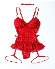 Heart Ring Link Lace Garter Teddy With Choker