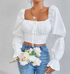 Ruched Bust Knot Gather Sleeve Crop Top