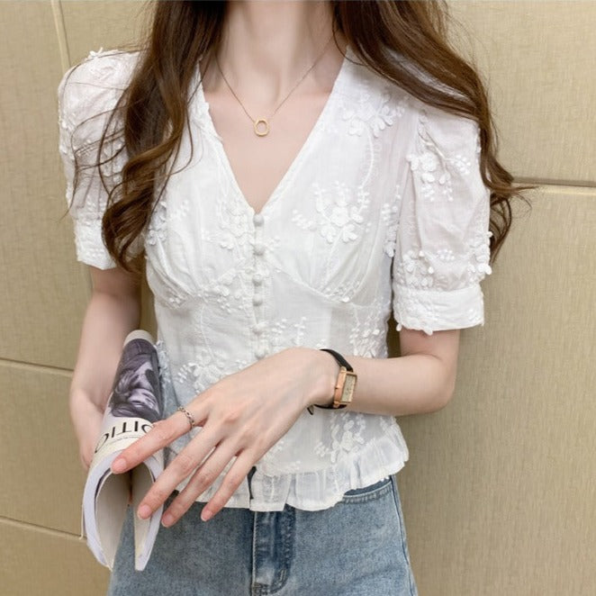 Button Front V-Neck Embroidered Top