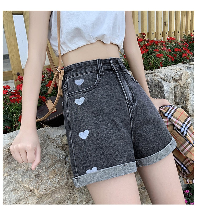 New Love Embroidered Denim Shorts