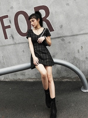 Short Sleeve Plaid Gothic Mini Dress