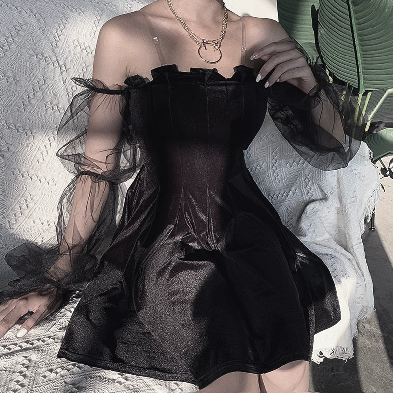 Gothic Sheer Sleeve Pleated Dress