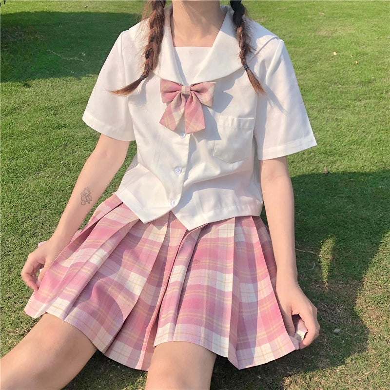 Light-Style Plaid Pleated Skirt with Matching Bow