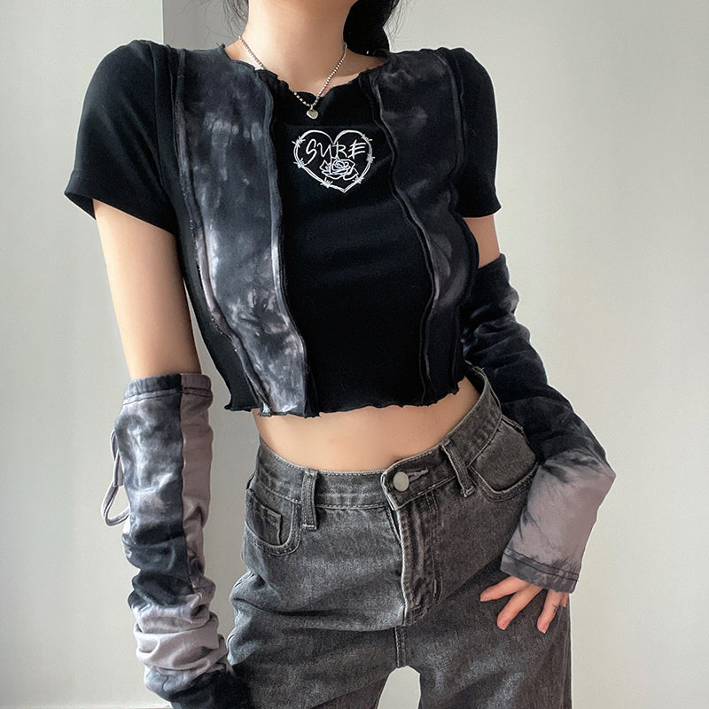 Crop top grunge à manches en forme de cœur barbelé