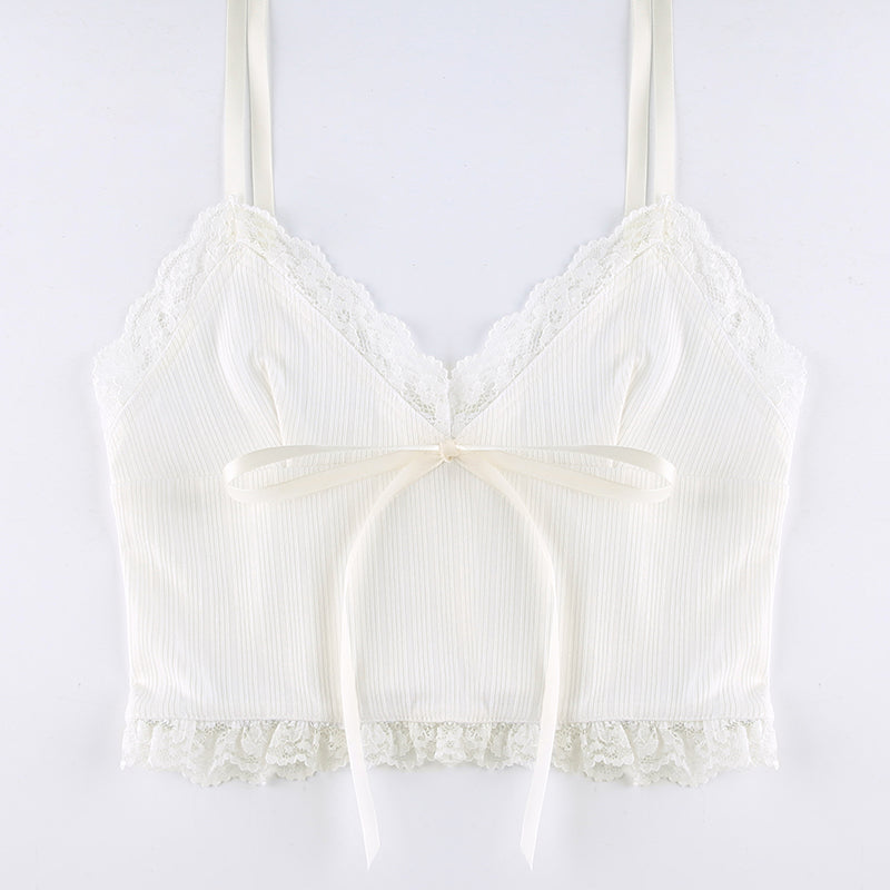 Lace Trim Cute Bow Crop Top