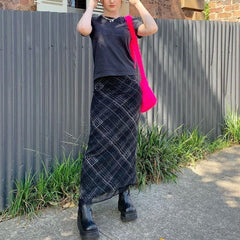 Grunge '90s Long Plaid Skirt