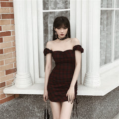 Off-Shoulder Plaid Tie Dress