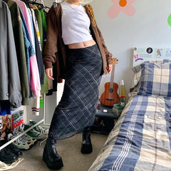 Grunge '90s Long Plaid Skirt