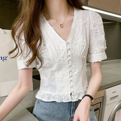 Button Front V-Neck Embroidered Top