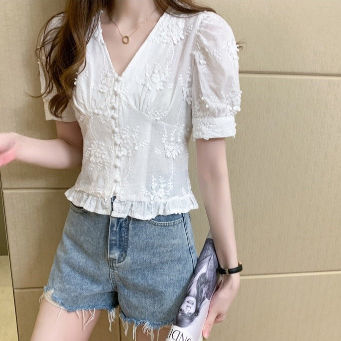 Button Front V-Neck Embroidered Top