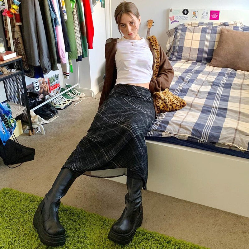 Grunge '90s Long Plaid Skirt