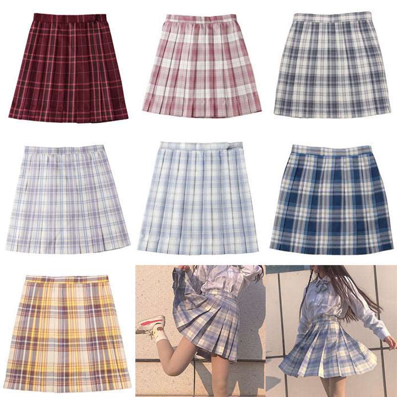 Dark-Style Plaid Pleated Skirt with Matching Bow