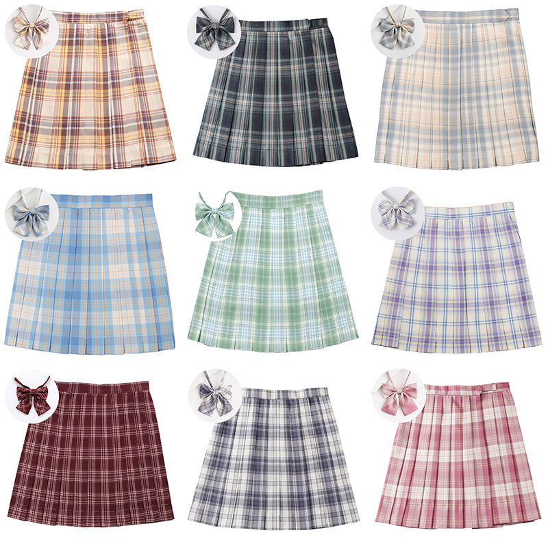 Light-Style Plaid Pleated Skirt with Matching Bow