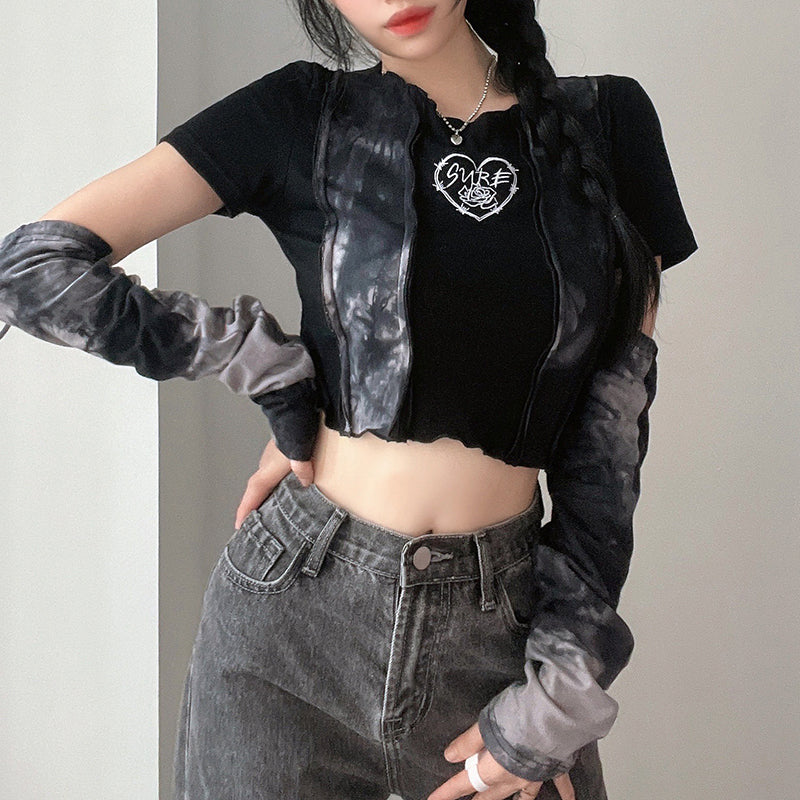 Crop top grunge à manches en forme de cœur barbelé