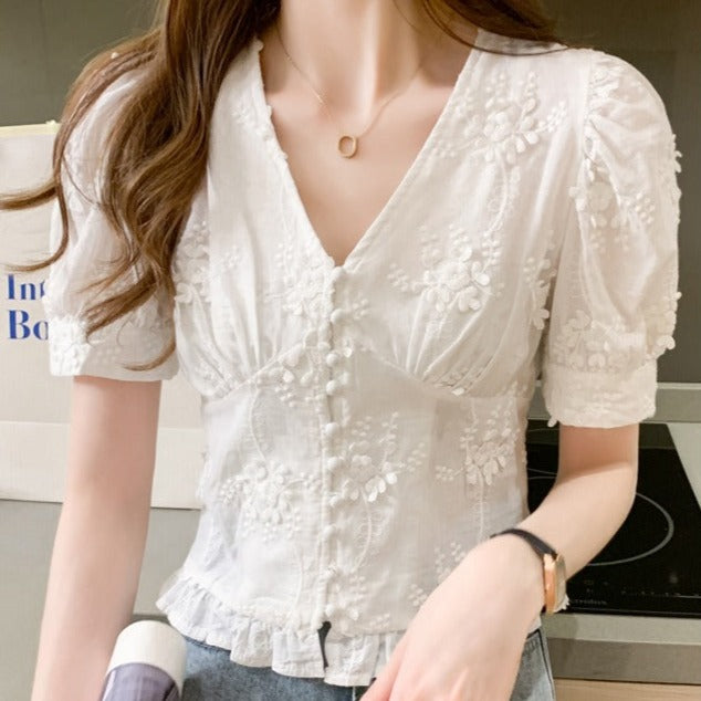 Button Front V-Neck Embroidered Top